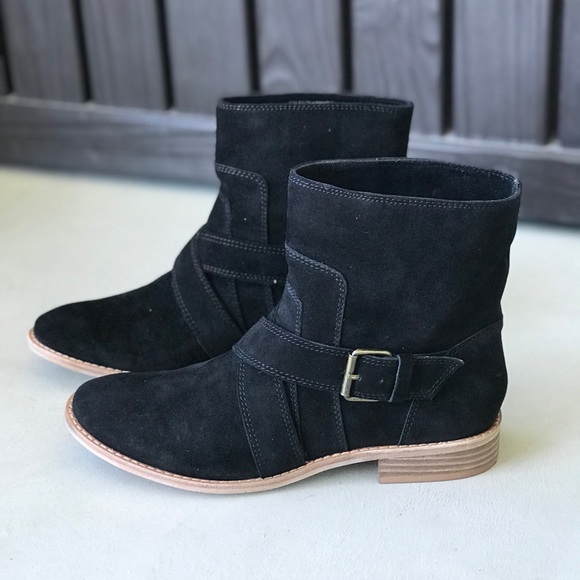 Black Suede Mid Calf Ankle Buckle Flat Boots - Picture 4 of 5